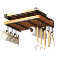 Black metal and wood hanging kitchen organizer with hooks for mugs spatulas paper towels and storage for pot lids and cutting boards