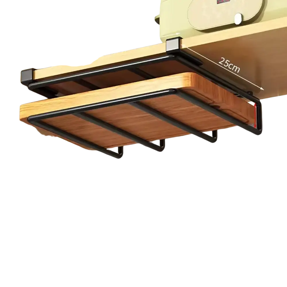 Black metal and wood hanging kitchen organizer for cutting boards and pot lids with sleek minimalist design