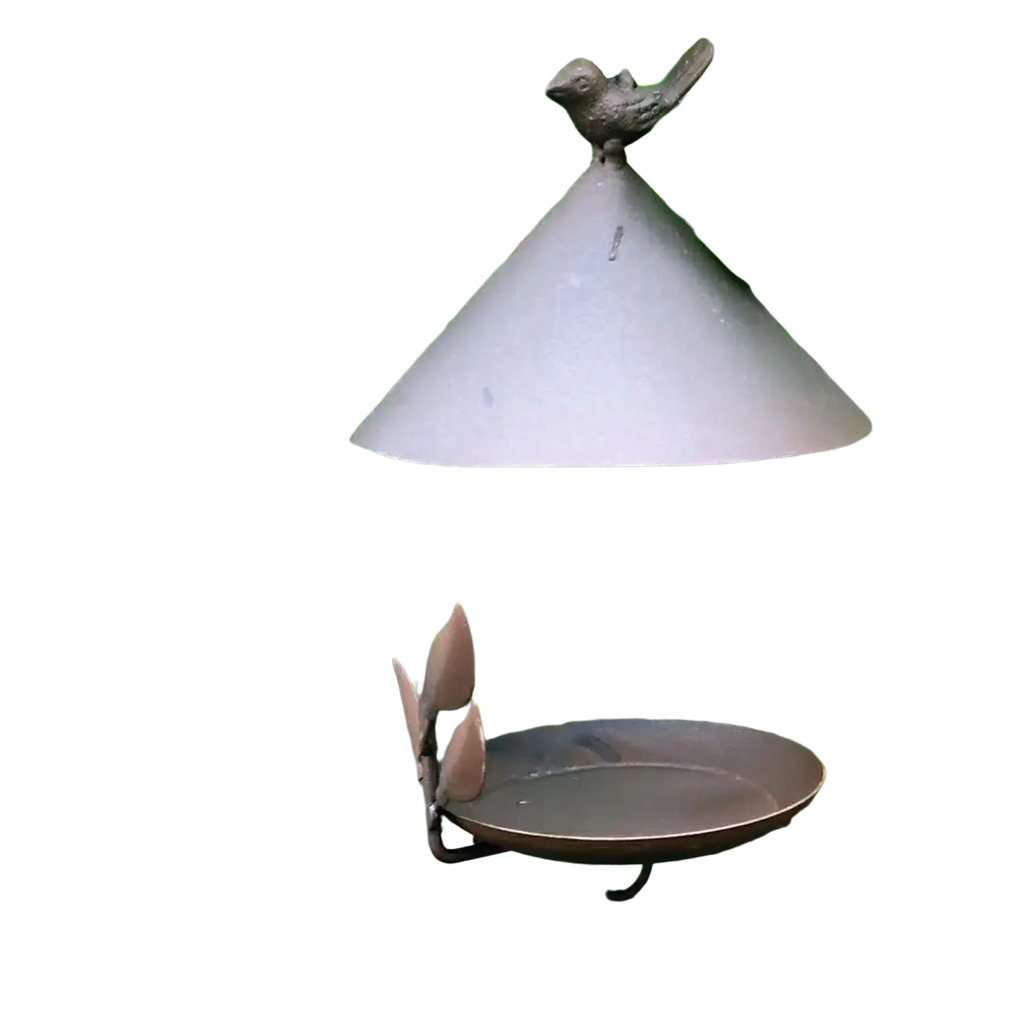 Bronze-colored metal hanging bird feeder with conical roof leaf decorations and a bird figurine for outdoor garden use