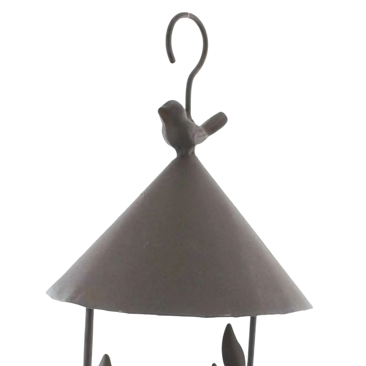 Dark gray metal hanging bird feeder with conical roof and small bird perched on the hook for garden outdoor use