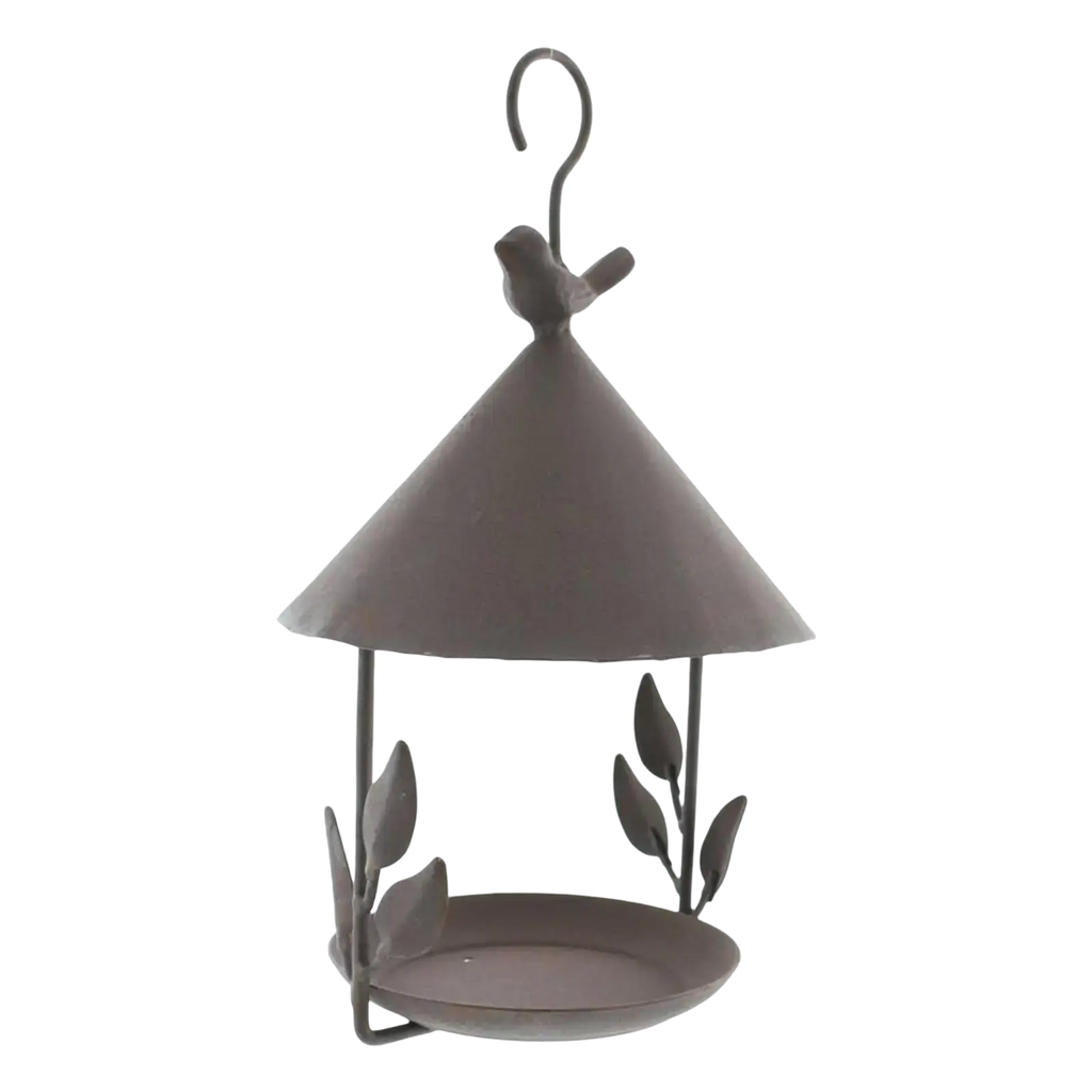 Dark gray metal hanging bird feeder with conical roof decorative leaf accents and perched bird figure for garden outdoor use
