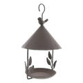 Dark gray metal hanging bird feeder with conical roof decorative leaf accents and perched bird figure for garden outdoor use