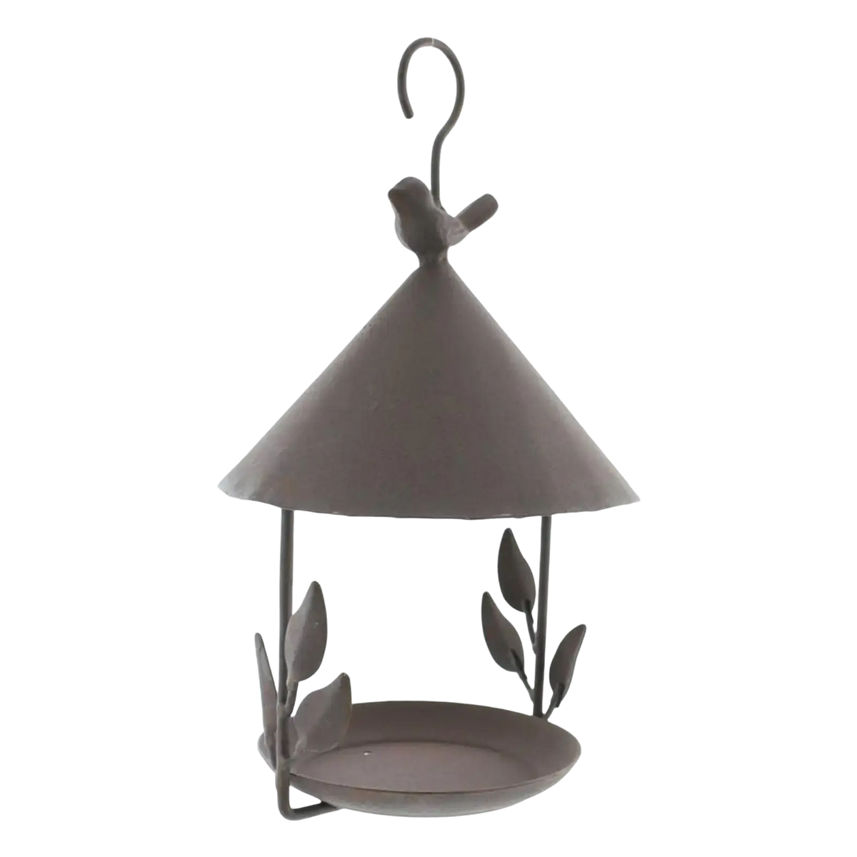 Dark gray metal hanging bird feeder with conical roof decorative leaf accents and perched bird figure for garden outdoor use