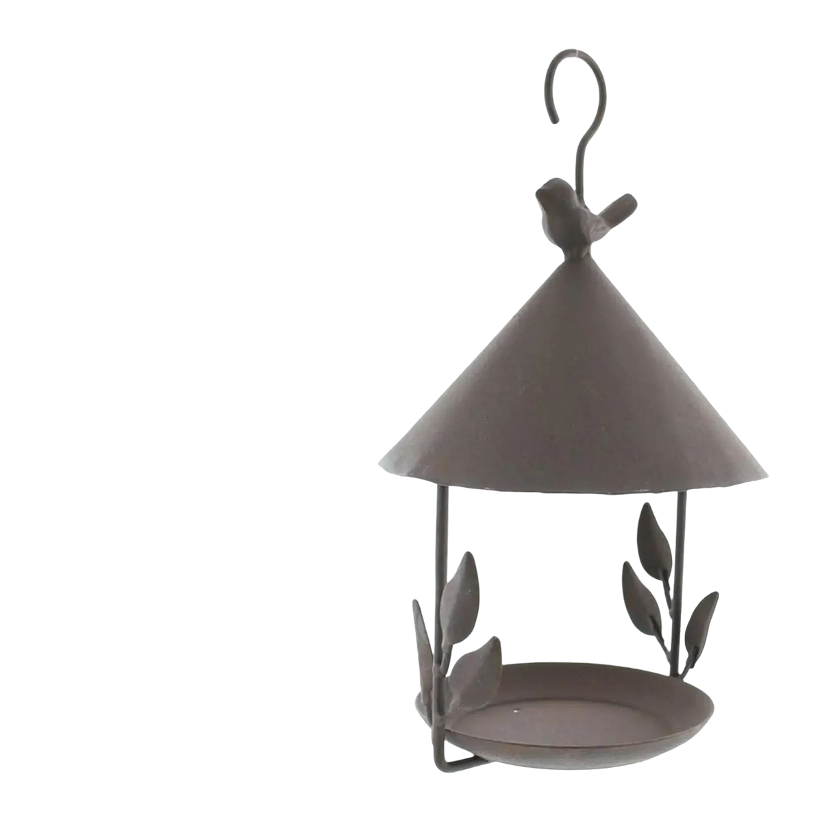 Hanging metal bird feeder in dark gray with conical roof, decorative leaf accents, and a small perched bird figure for garden outdoor use