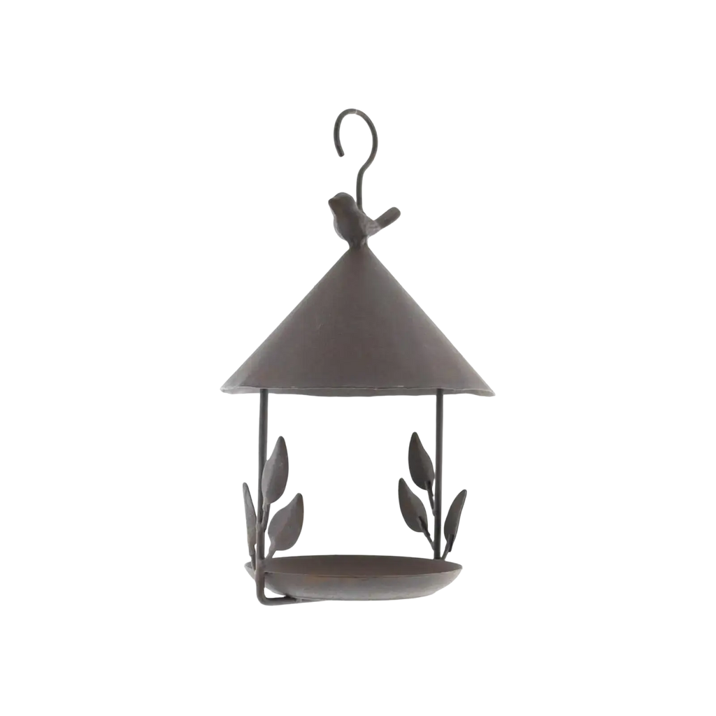 Gray metal bird feeder with conical roof decorative leaf accents and perched bird figure for garden outdoor hanging use