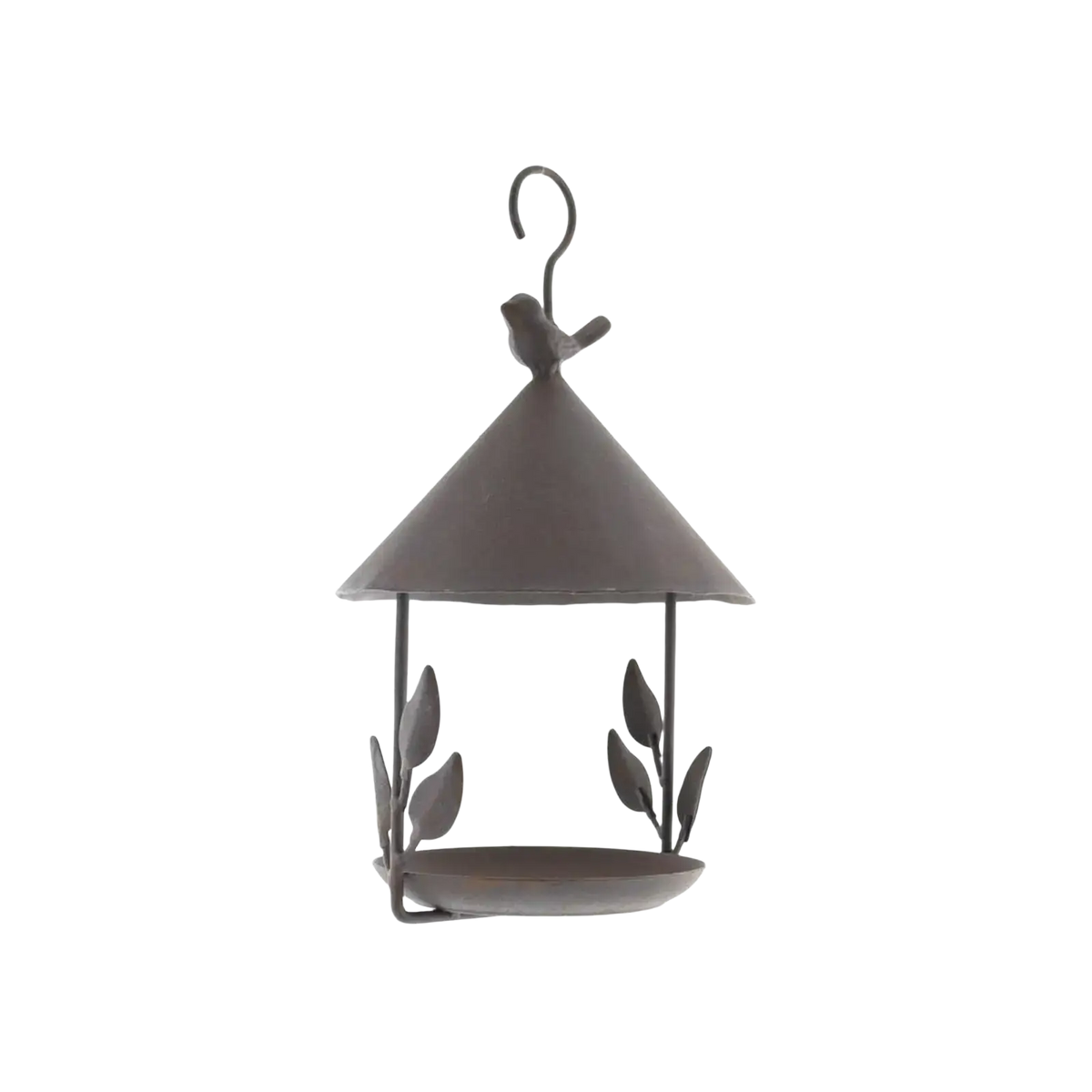 Gray metal bird feeder with conical roof decorative leaf accents and perched bird figure for garden outdoor hanging use