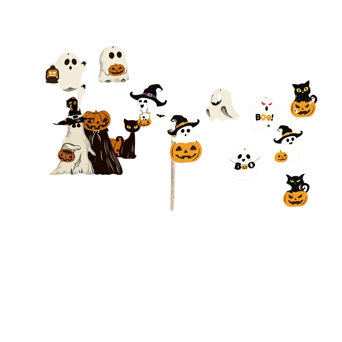 Hanging ornaments featuring white ghosts black cats and orange pumpkins for spooky halloween party paper decor