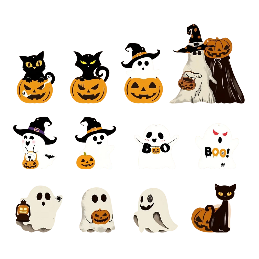 Halloween party hanging ornaments featuring plush black cats white ghosts with witch hats and pumpkin designs for spooky halloween decor