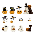 Halloween party hanging ornaments featuring plush black cats white ghosts with witch hats and pumpkin designs for spooky halloween decor