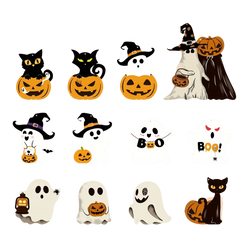 Halloween party hanging ornaments featuring plush black cats white ghosts with witch hats and pumpkin designs for spooky halloween decor
