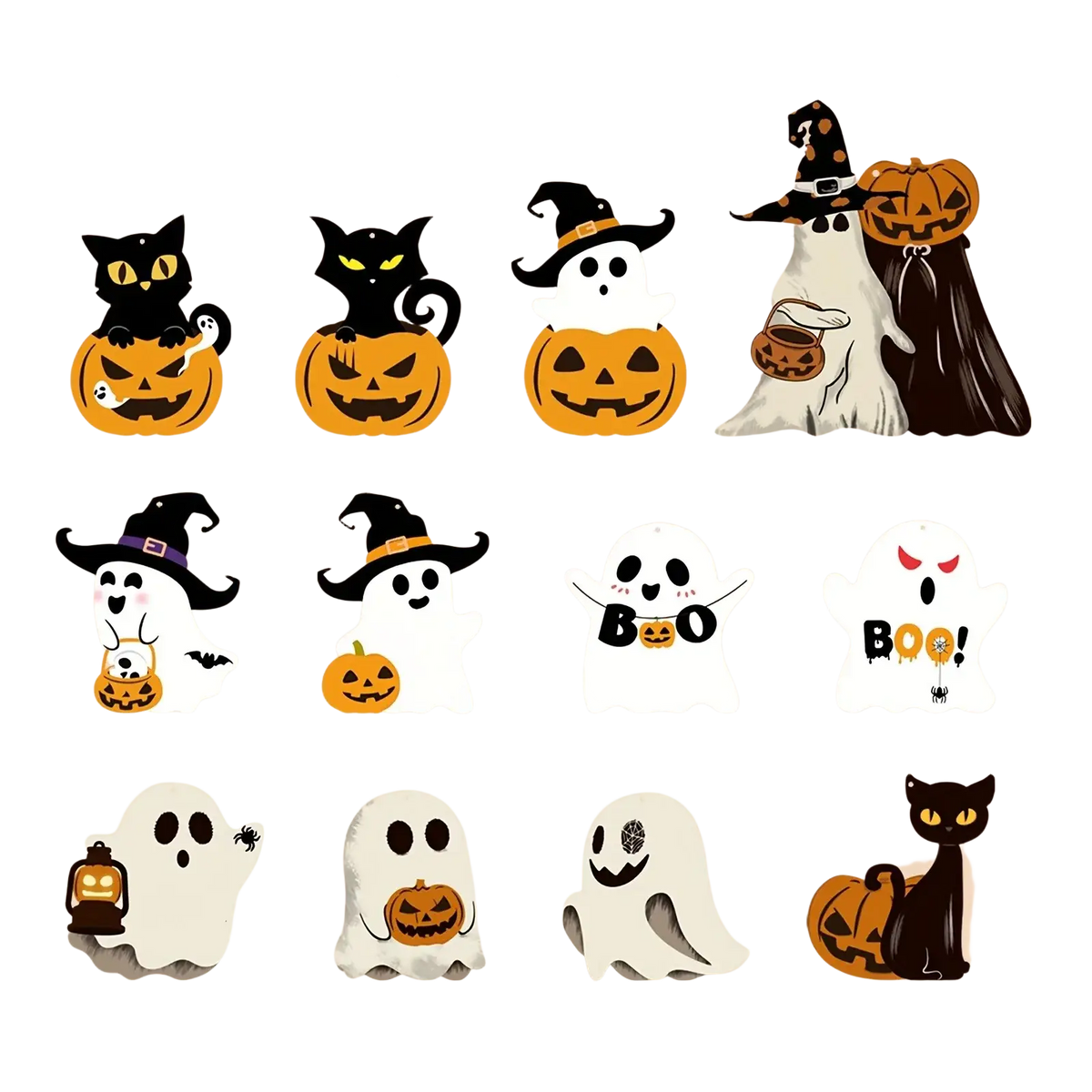 Halloween party hanging ornaments featuring plush black cats white ghosts with witch hats and pumpkin designs for spooky halloween decor