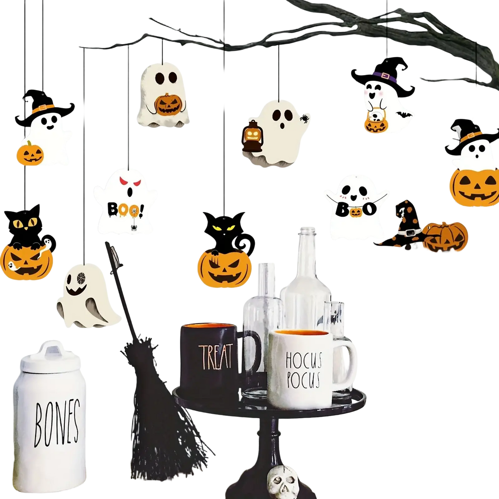 White ceramic hanging ornaments featuring halloween party ghost shapes with black witch hats for spooky halloween decor