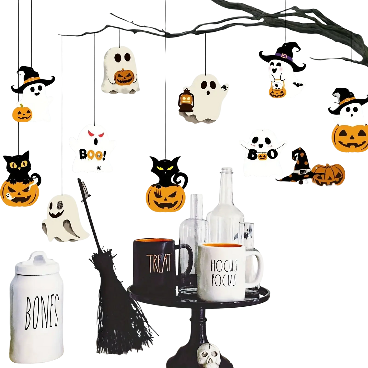 White ceramic hanging ornaments featuring halloween party ghost shapes with black witch hats for spooky halloween decor
