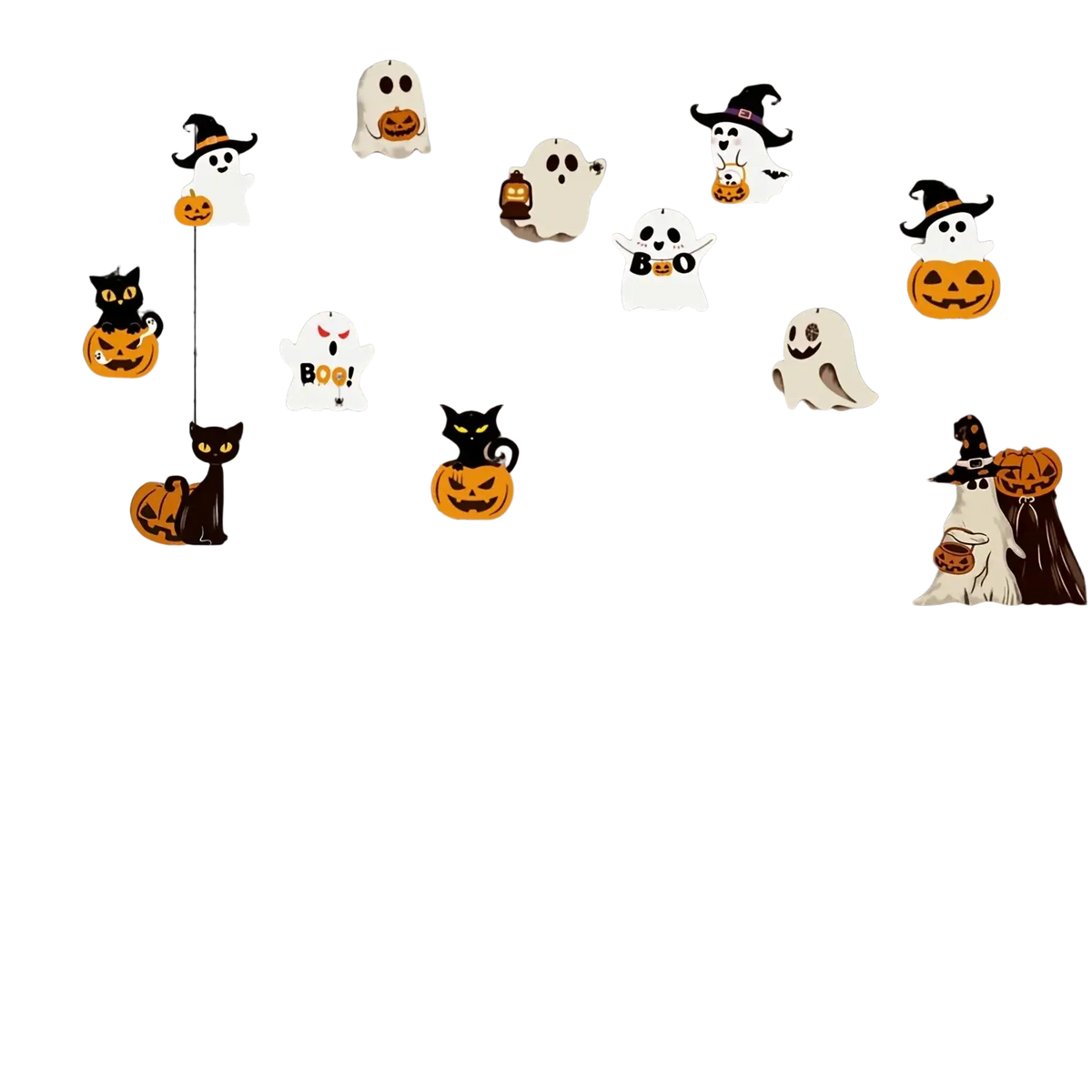 White and orange halloween party hanging ornaments paper decor featuring spooky halloween ghosts cats and pumpkins