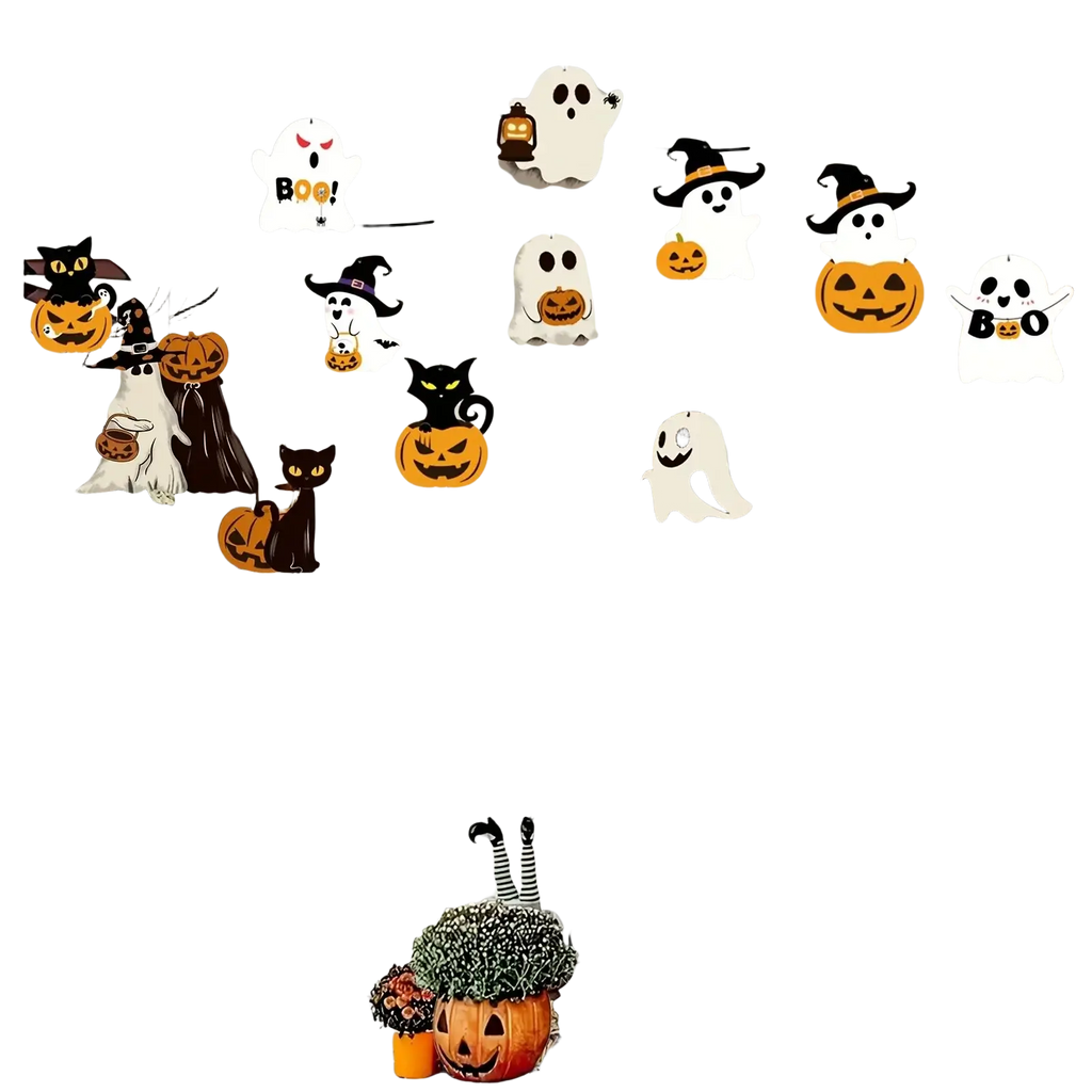 Hanging ornaments halloween party paper decor featuring white and orange spooky halloween ghosts witches cats and pumpkins