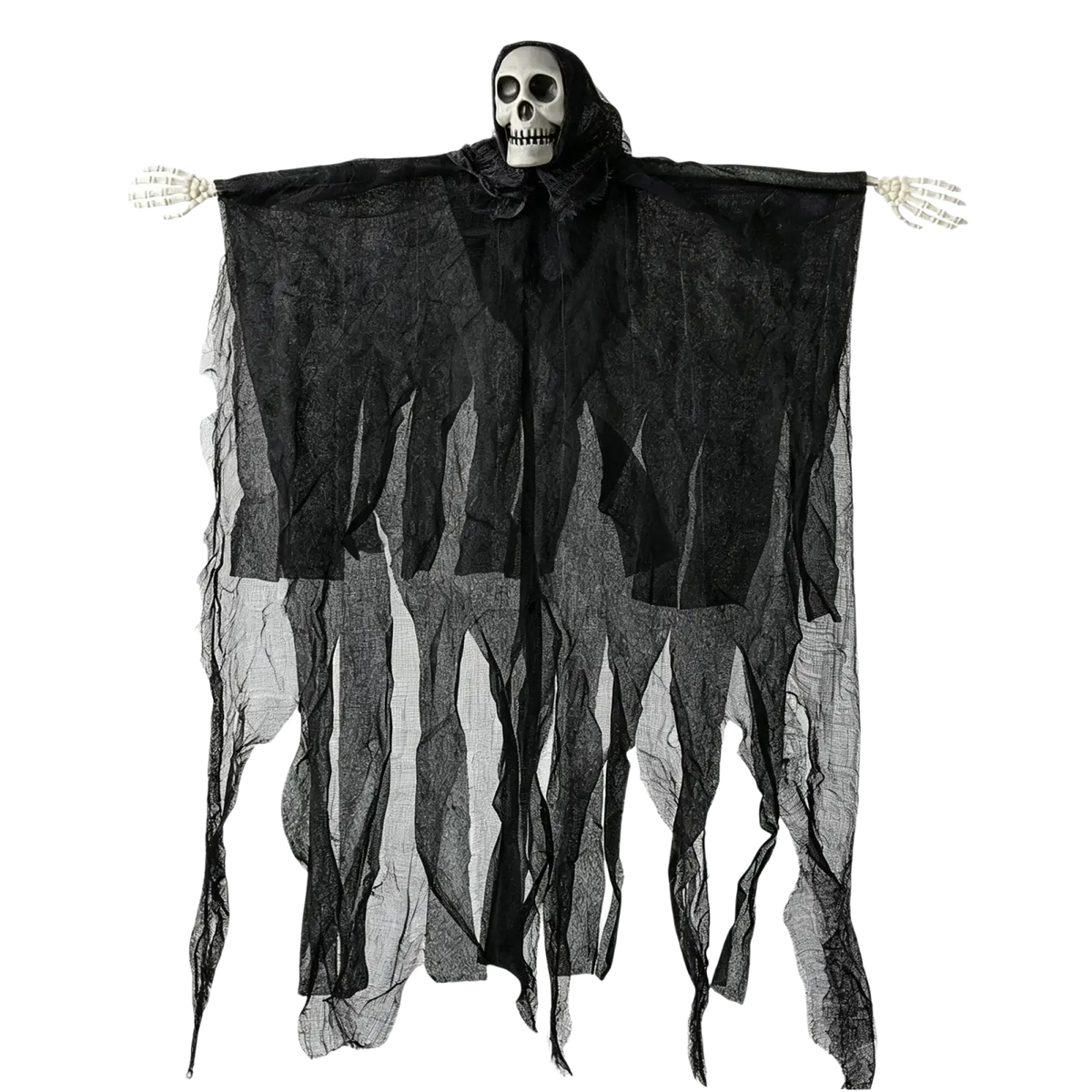 Hanging skeleton ghost halloween decoration with black sheer fabric draped over skull head skeletal figure