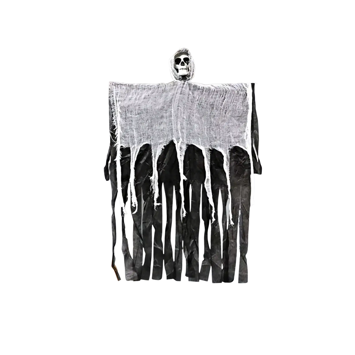 Black and white hanging skeleton ghost Halloween decoration featuring a skull head and ghostly fabric design