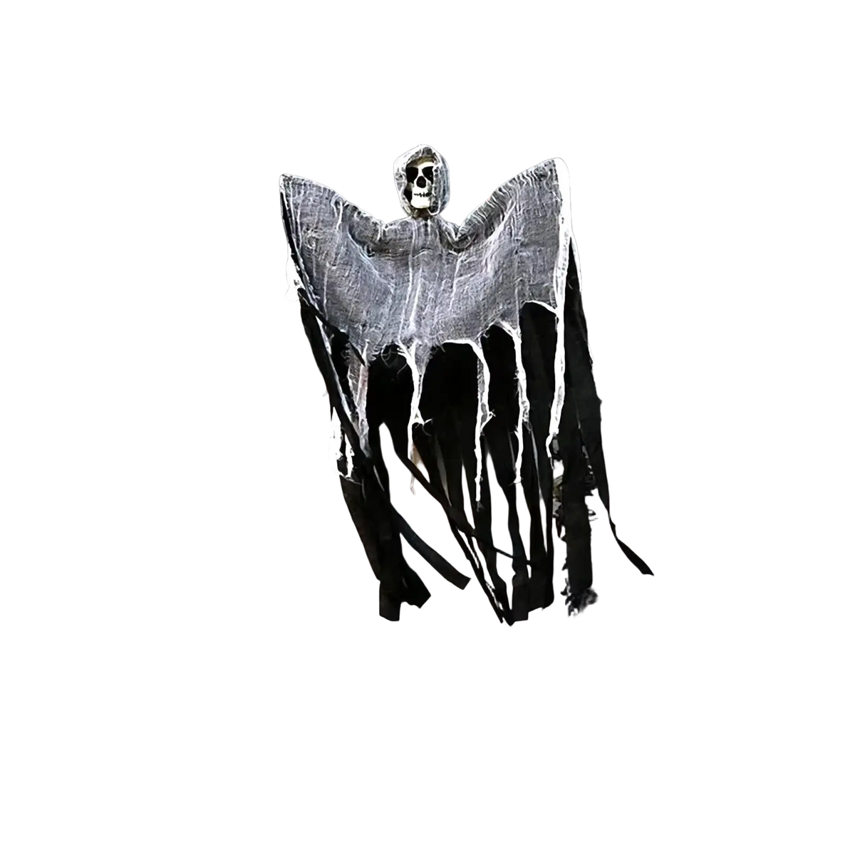 Hanging skeleton ghost halloween decoration with black and white tattered fabric wings and skull head above door