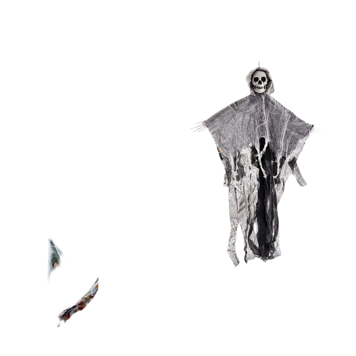 Hanging skeleton ghost halloween decoration with black and yellow spider and white ghost figure for spooky decor