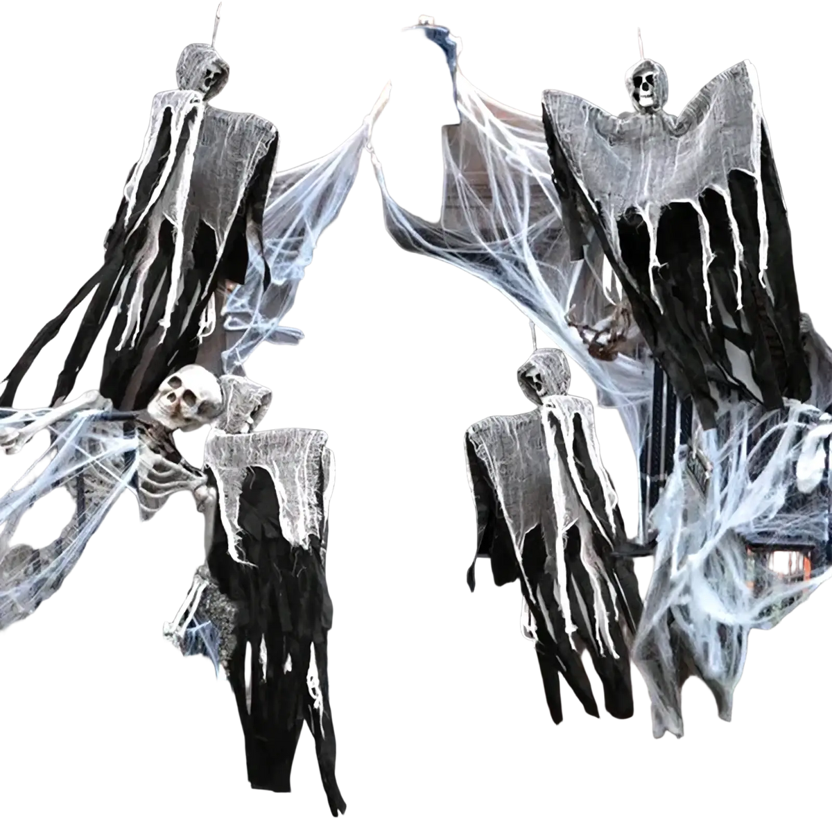 Hanging skeleton ghost halloween decoration featuring skeletal figures in tattered black and white fabric with cobwebs