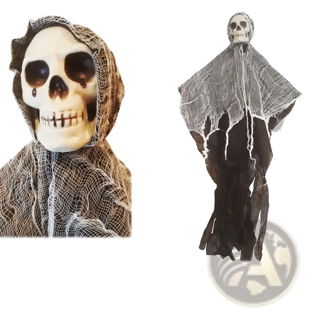 A 30-inch tall halloween-themed hanging skeleton ghost decoration dressed in a tattered black robe with white spiderweb material