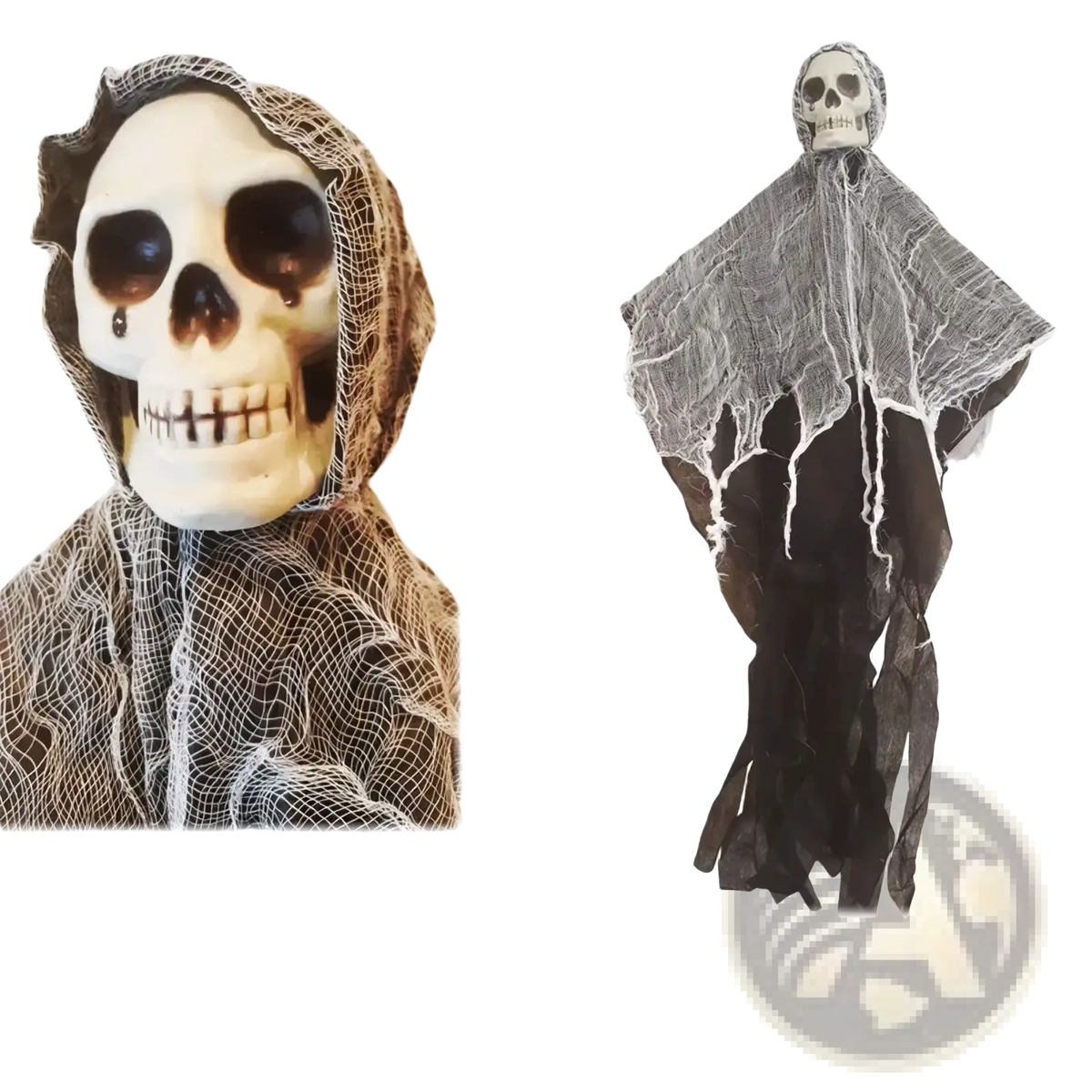 A 30-inch tall halloween-themed hanging skeleton ghost decoration dressed in a tattered black robe with white spiderweb material