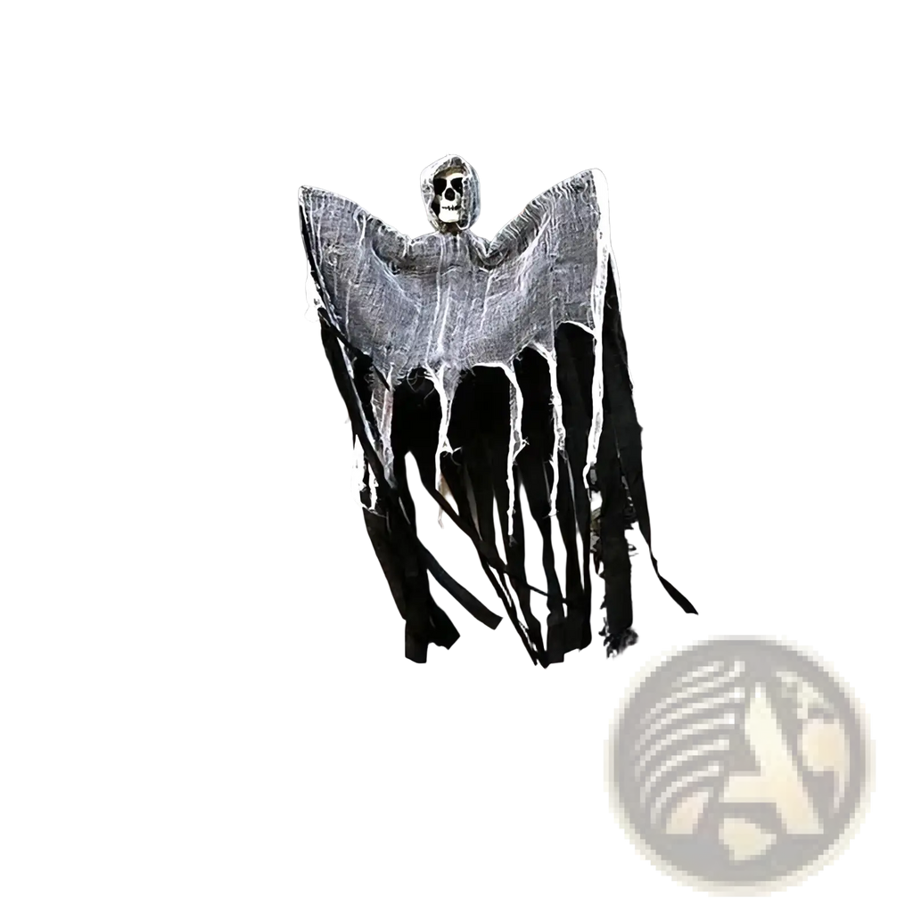 Hanging skeleton ghost halloween decoration with black and white tattered fabric wings and skull head above door