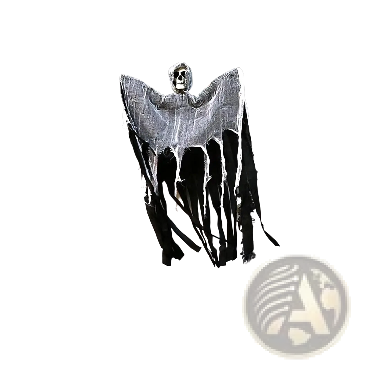 Hanging skeleton ghost halloween decoration with black and white tattered fabric wings and skull head above door