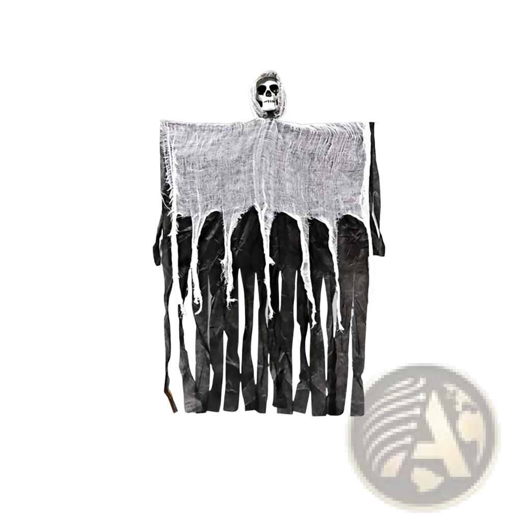Black and white hanging skeleton ghost Halloween decoration featuring a skull head and ghostly fabric design