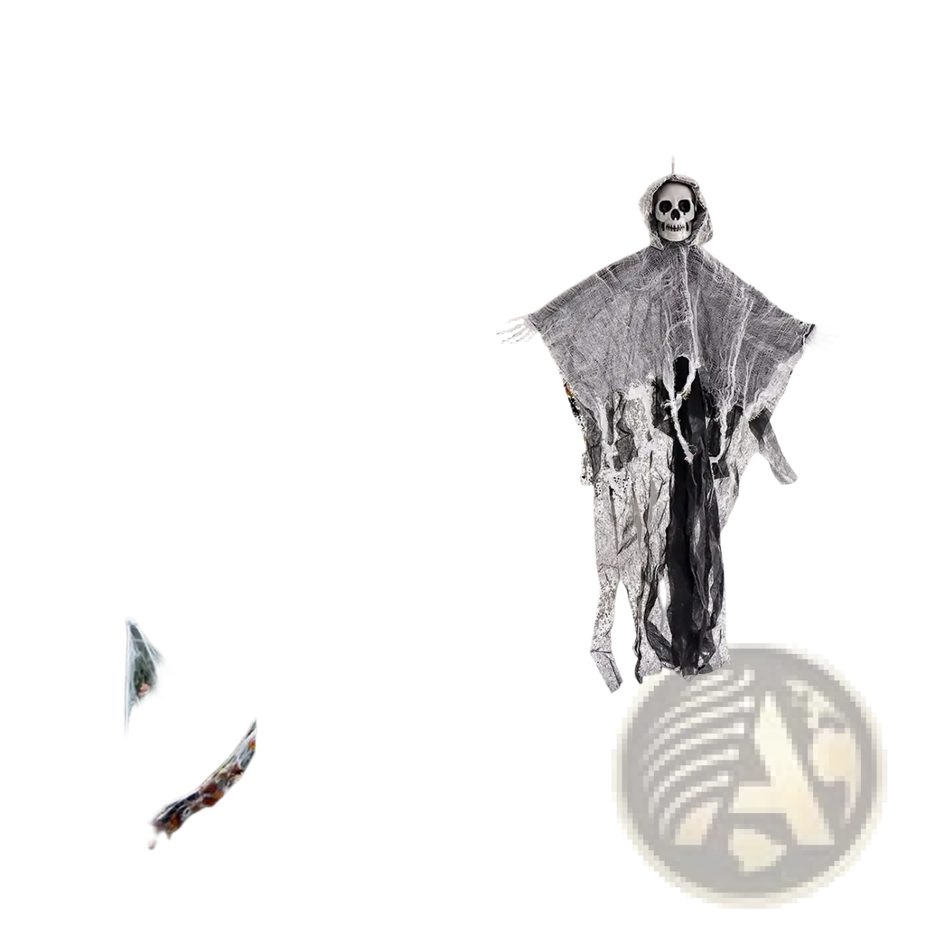 Hanging skeleton ghost halloween decoration with black and yellow spider and white ghost figure for spooky decor