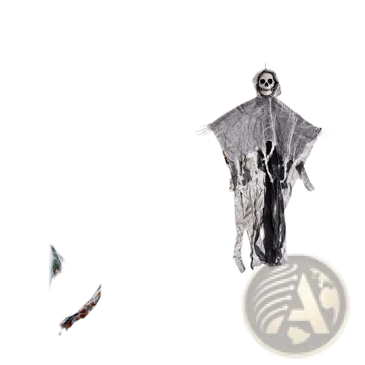 Hanging skeleton ghost halloween decoration with black and yellow spider and white ghost figure for spooky decor