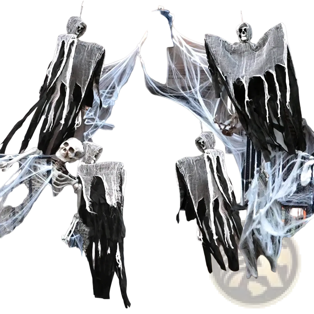 Hanging skeleton ghost halloween decoration featuring skeletal figures in tattered black and white fabric with cobwebs