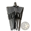 Hanging skeleton ghost halloween decoration in a tattered black and gray fabric robe with frayed edges