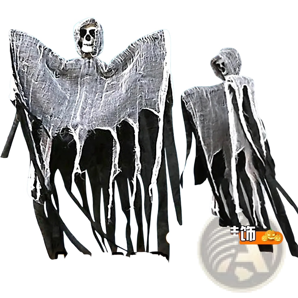 Two spooky hanging skeleton ghost halloween decorations with skeletal faces and tattered black and white fabric bodies