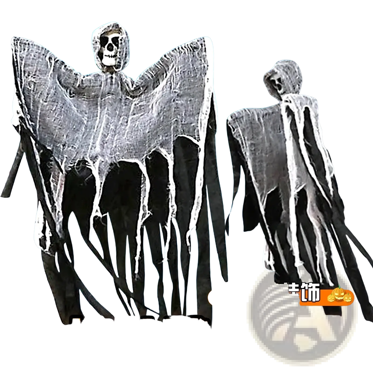 Two spooky hanging skeleton ghost halloween decorations with skeletal faces and tattered black and white fabric bodies
