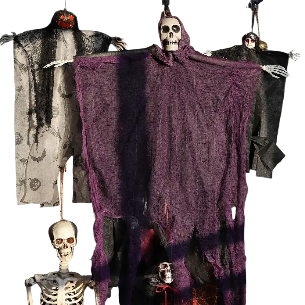 A purple tattered fabric hanging skeleton ghost with skull head and skeletal hands Halloween decoration