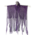 Purple translucent hanging skeleton ghost halloween decoration with skull head and skeletal hands for spooky decor