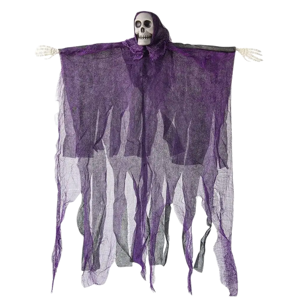 Purple translucent hanging skeleton ghost halloween decoration with skull head and skeletal hands for spooky decor