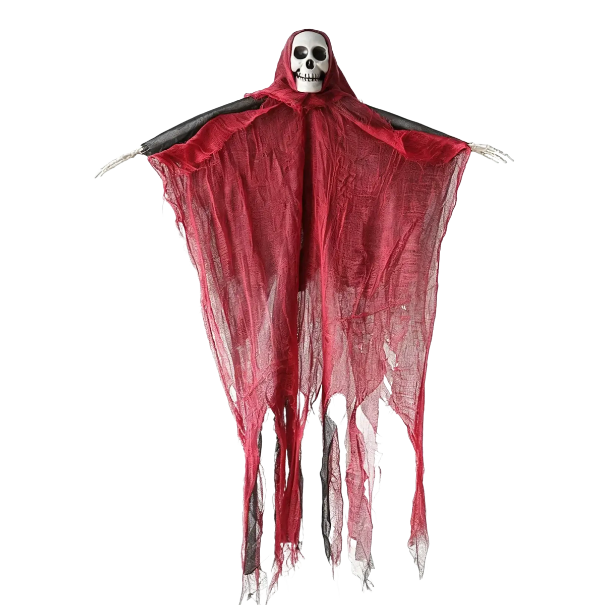 Hanging skeleton ghost halloween decoration featuring red tattered fabric with a white skull head and black skeletal arms