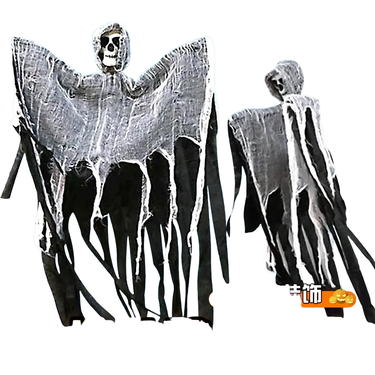 Two spooky hanging skeleton ghost halloween decorations with skeletal faces and tattered black and white fabric bodies