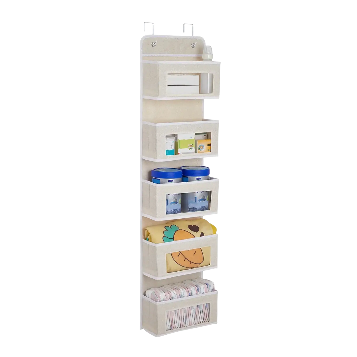 Beige fabric storage bag hanging with stainless steel hooks over the door holding baby supplies in multiple compartments