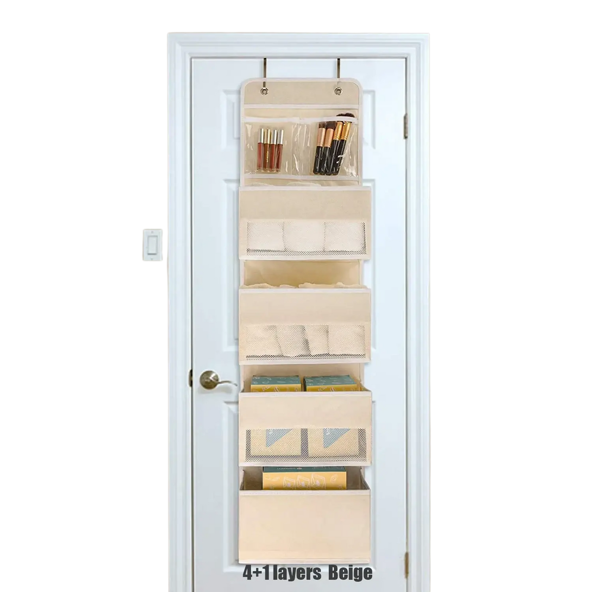 Beige hanging storage bag with stainless steel hooks featuring multiple mesh and solid fabric compartments