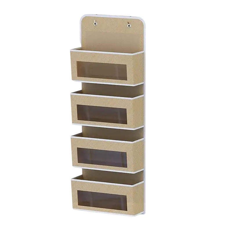 Beige hanging storage bag with stainless steel hooks and four transparent front pockets with white trim