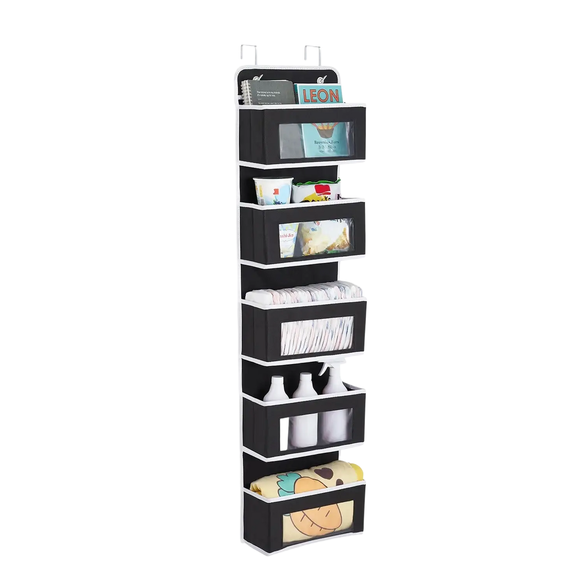 Black hanging storage bag with white trim clear panels multiple compartments and stainless steel hooks for organized storage