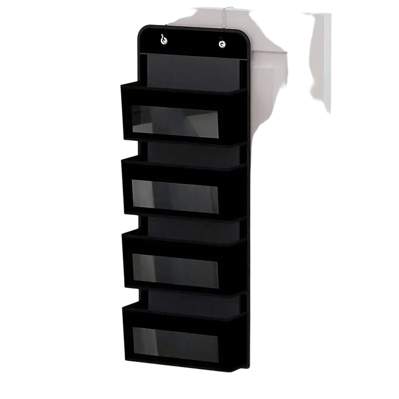 Black over-the-door hanging storage bag with stainless steel hooks and four transparent compartments