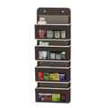 Brown over-the-door hanging storage bag with five shelves and stainless steel hooks holding health and household items