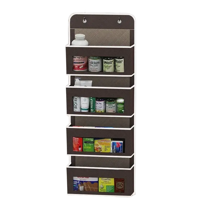 Brown over-the-door hanging storage bag with five shelves and stainless steel hooks holding health and household items
