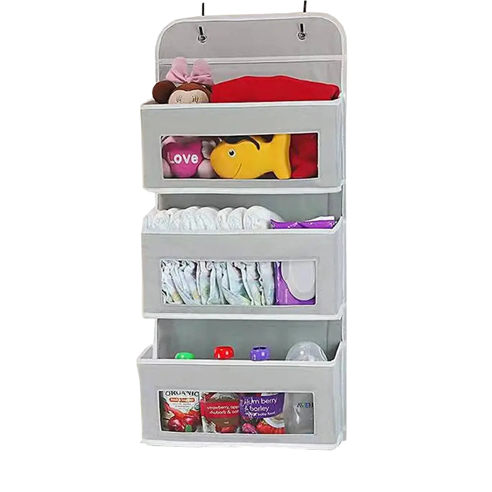 Gray fabric hanging storage bag with three transparent compartments and stainless steel hooks for organized storage
