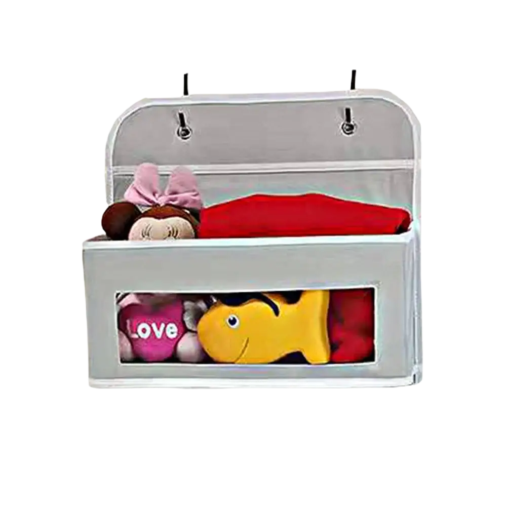 Gray fabric hanging storage bag with clear front panel and stainless steel hooks for easy wall organization