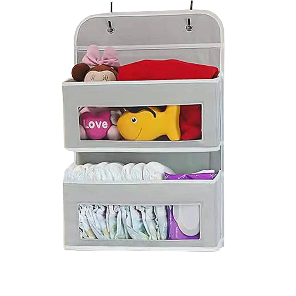 Gray fabric hanging bag storage bag with two clear front panels and stainless steel hooks for wall mounting